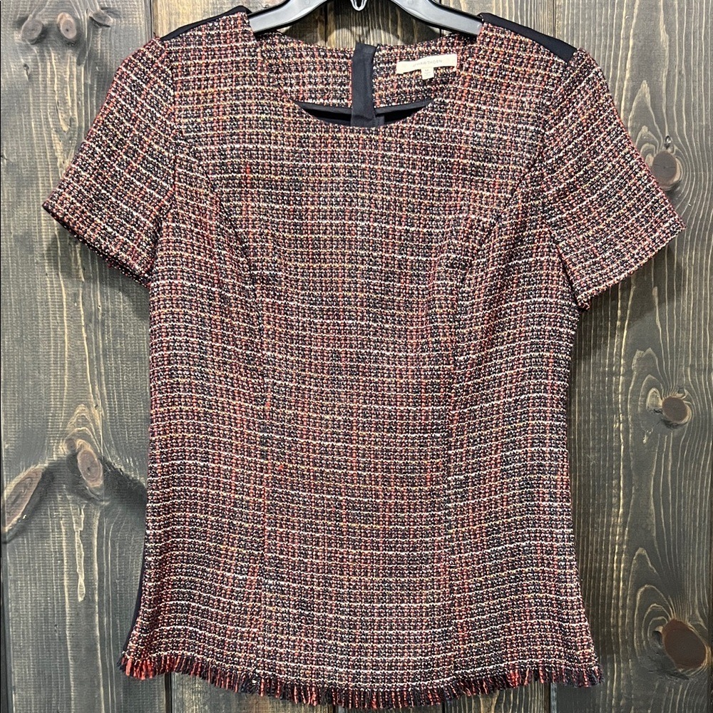 41 Hawthorn Tweed Structured Fringe Blouse Size M‎ Textured Metallic Red Black